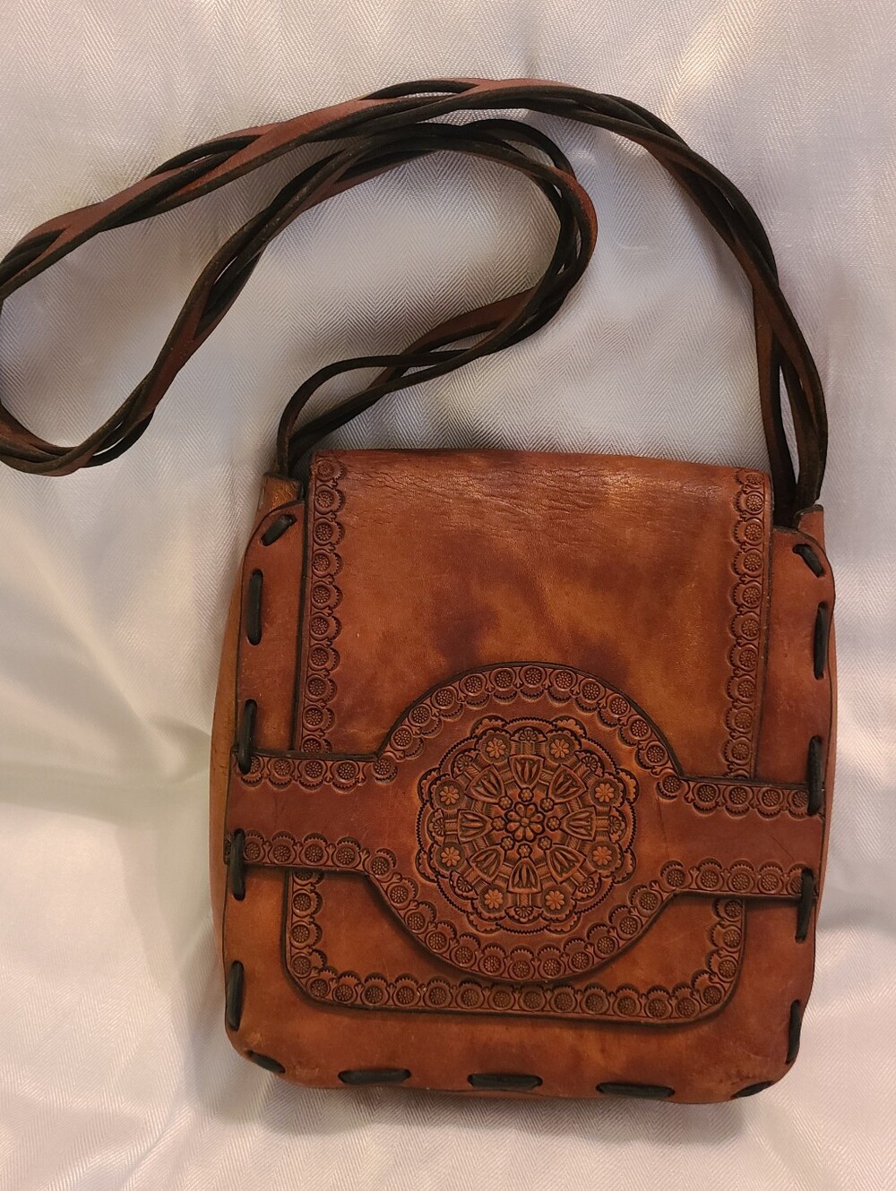 Vintage Handtooled Brown Leather Crossbody Bag